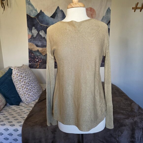 Vince Camuto Gold Metallic Lurex Sweater Women Sz S Ribbed Bell Sleeve Boat Neck - Picture 8 of 15